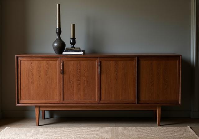 Klassisk skjenk i mørk eik med intrikate tredetaljer.