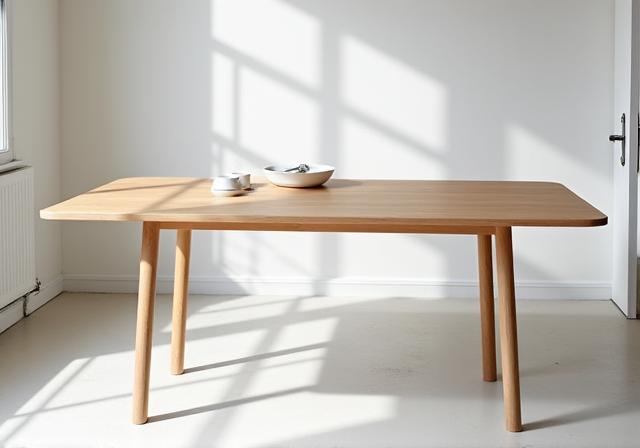 Minimalistisk spisebord i lys ask med plass til seks personer.
