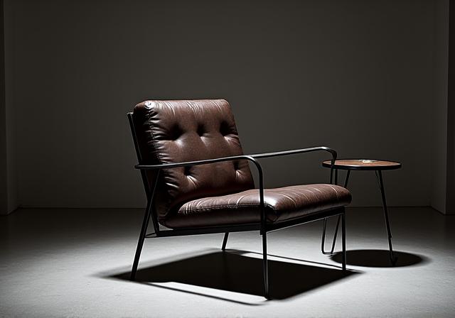 Elegant lenestol i mørkt skinn og sort metallramme.